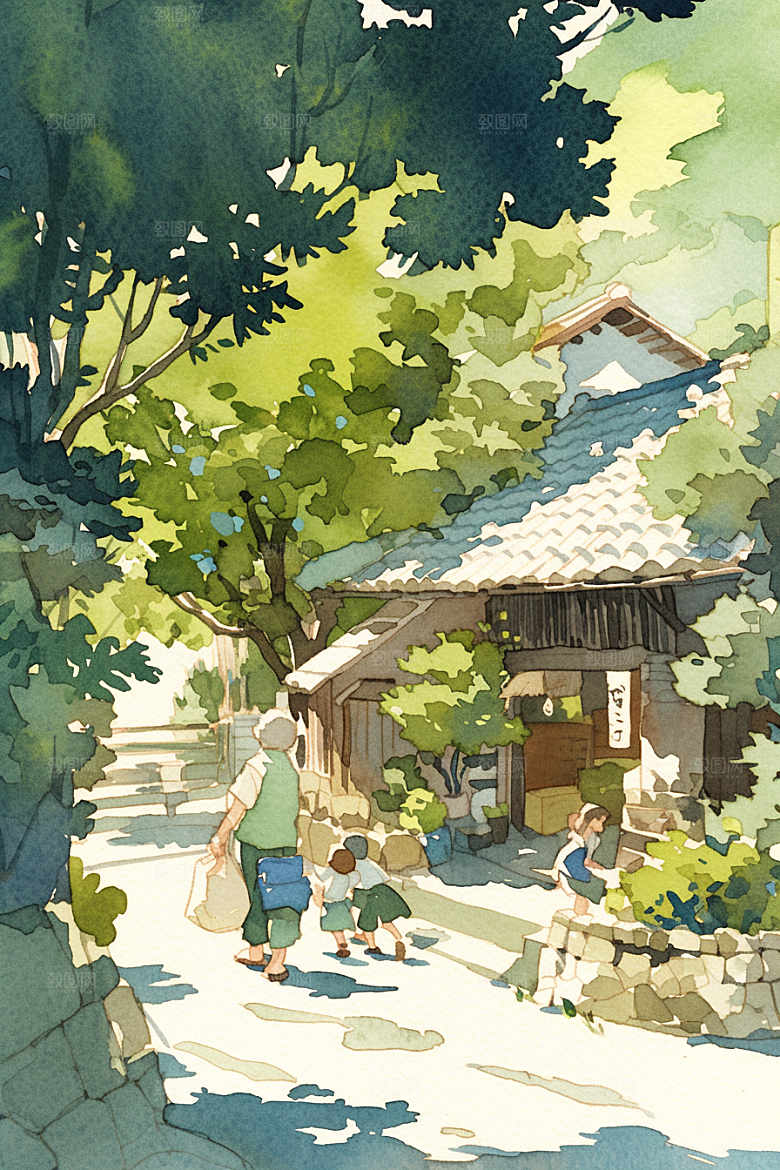 老人目送孩子离家温暖手绘插画
