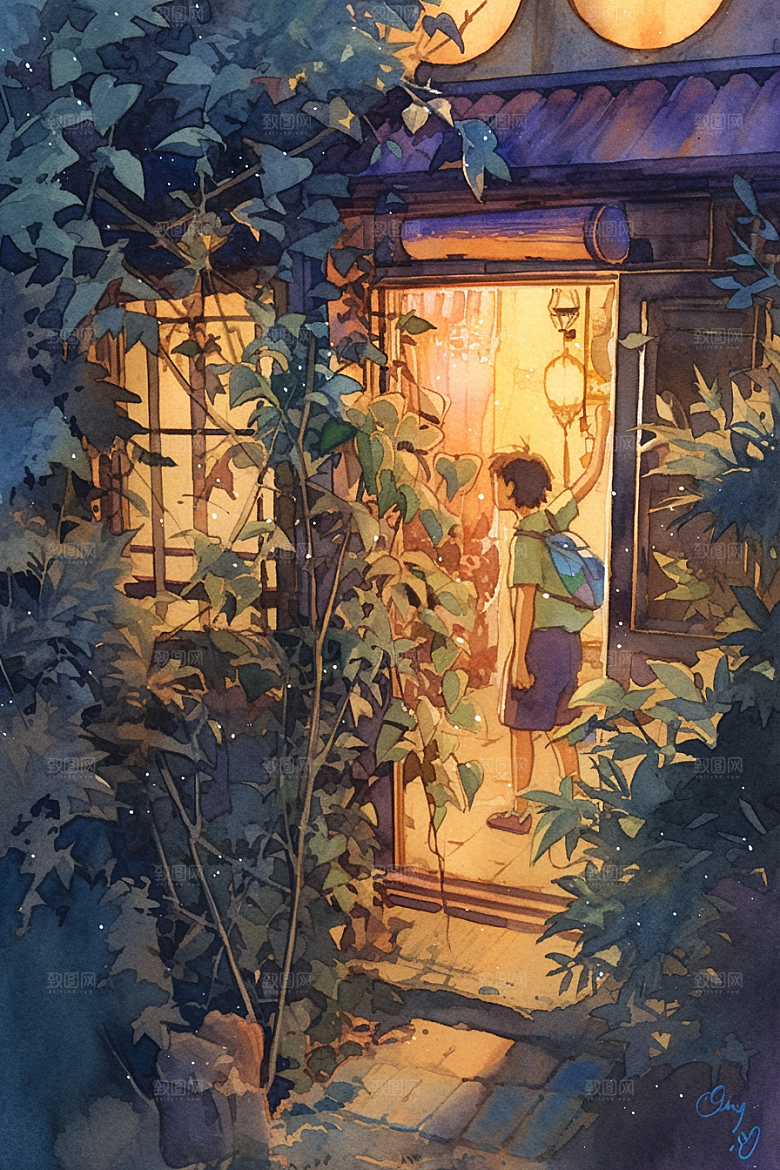 老人目送孩子离家背景温暖插画