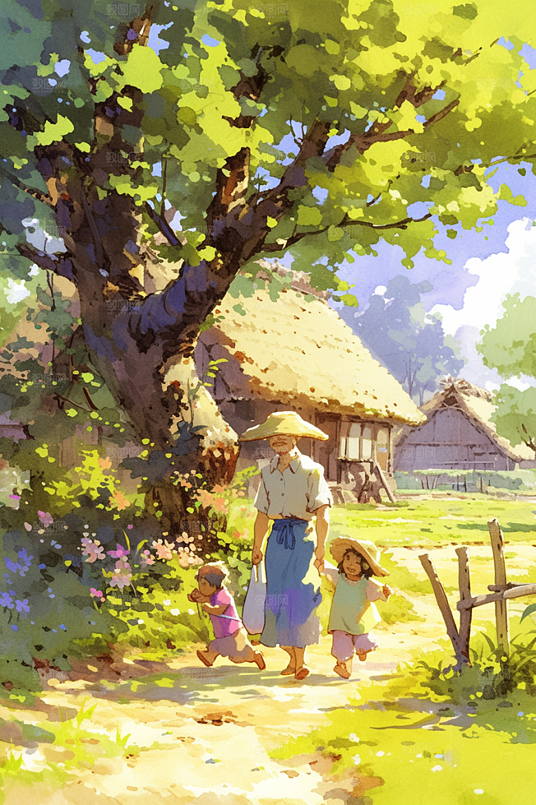 老人目送孩子离家留守老人家人插画