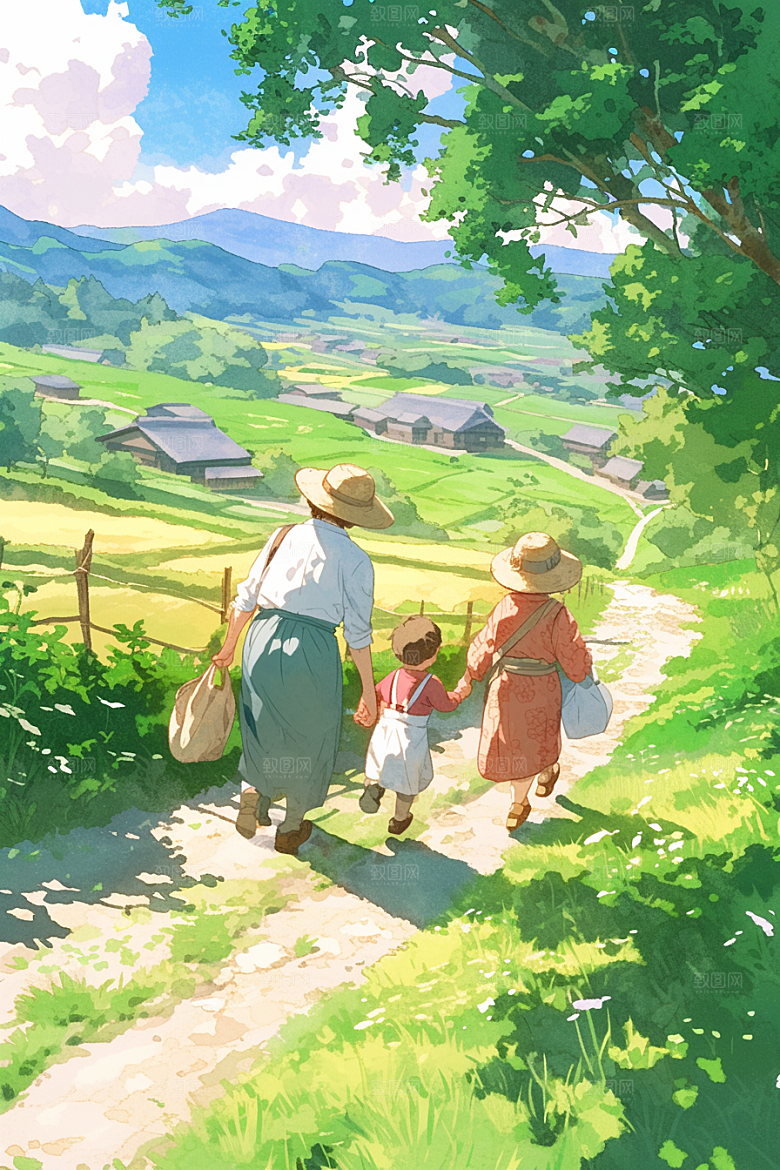 老人目送孩子离家远行温馨插画