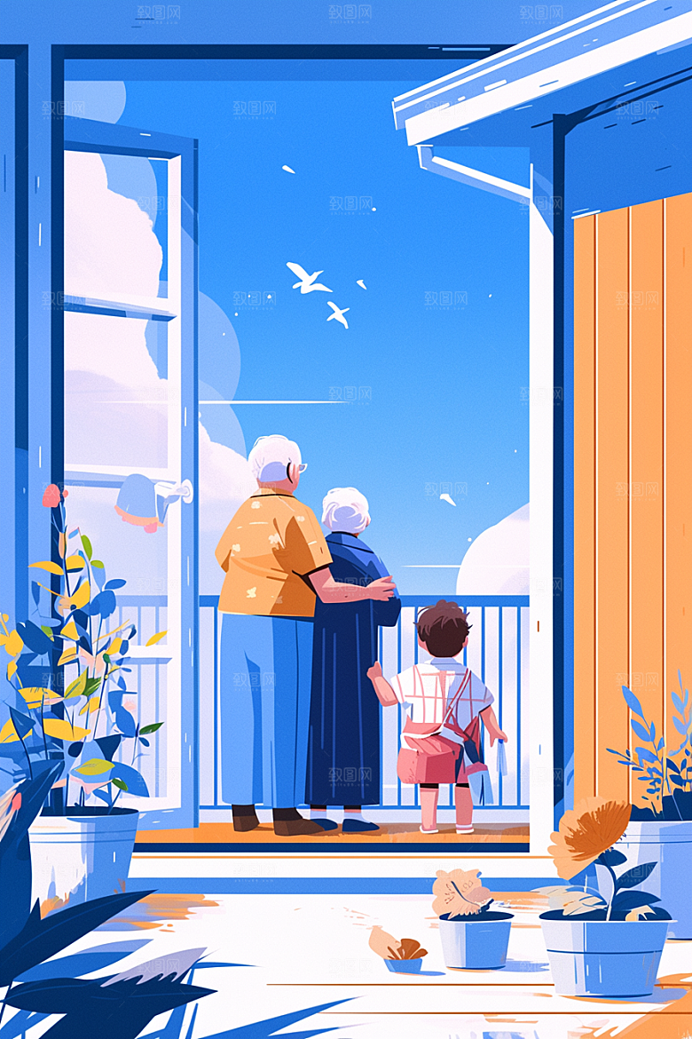 老人目送孩子离家温馨背景插画