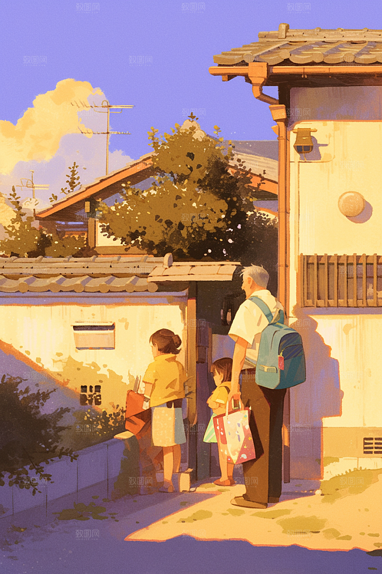 老人目送孩子离家手绘远行插画