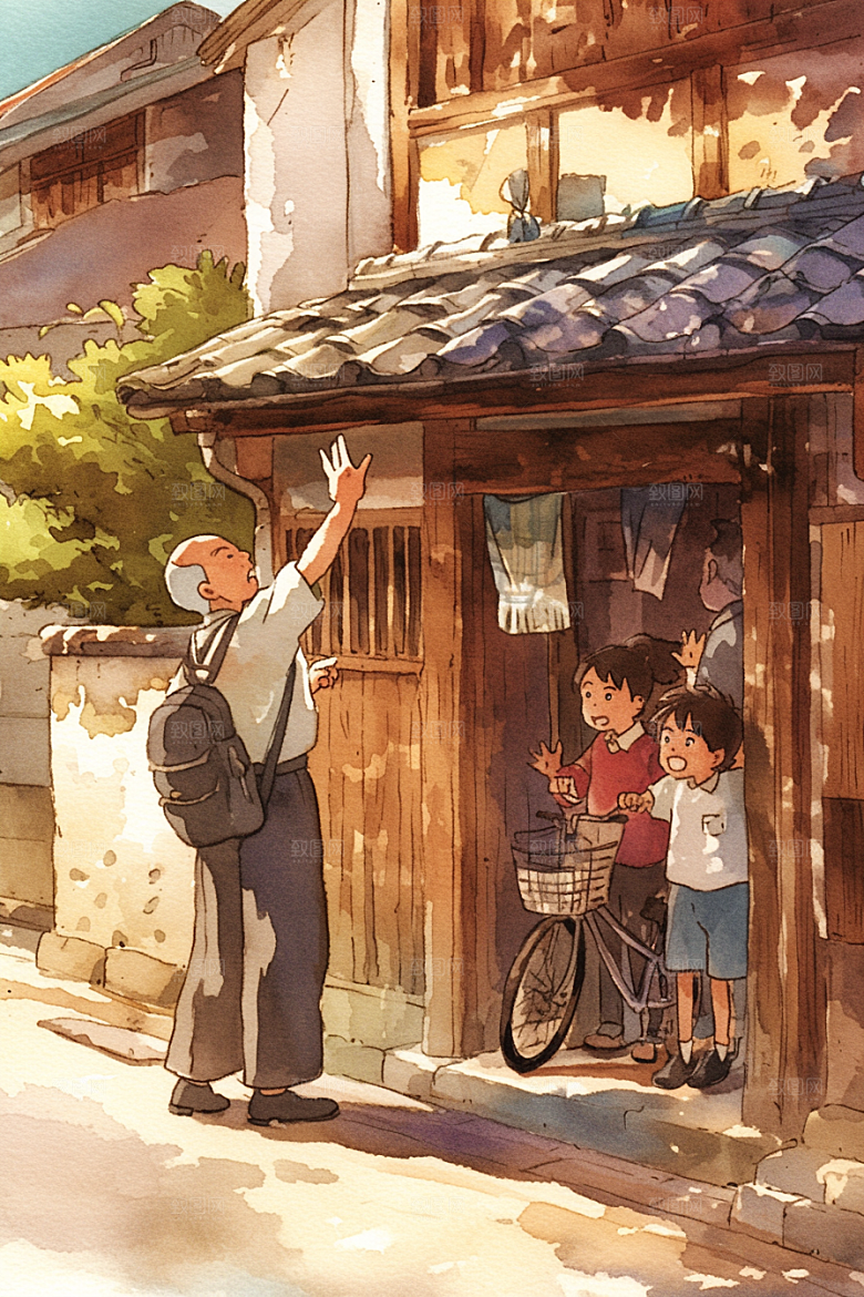 老人目送孩子离家夕阳红远行插画