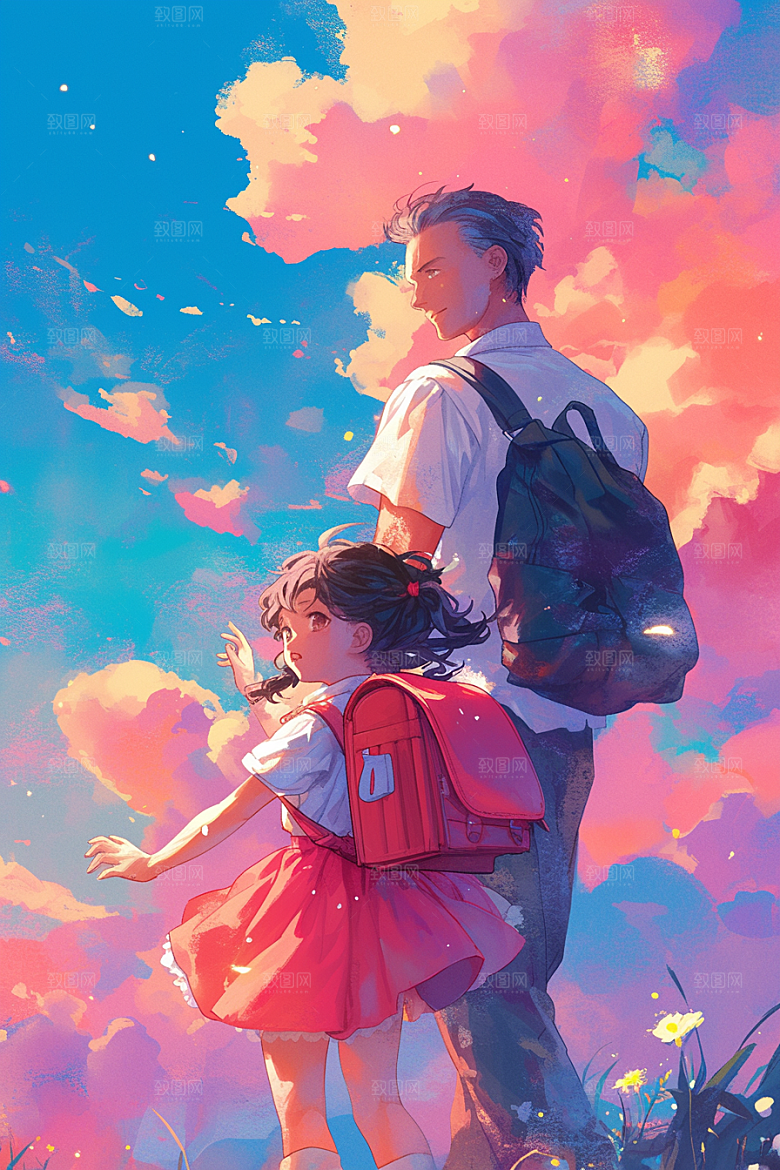 老人目送孩子离家背景远行插画