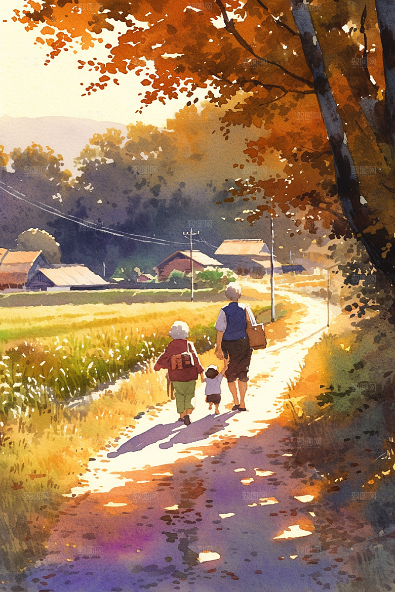 老人目送孩子离家家庭远行插画