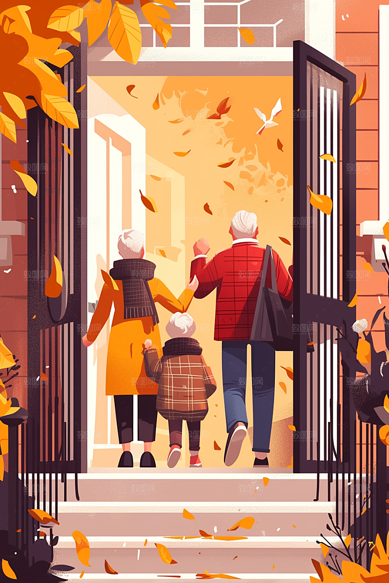 老人目送孩子离家夕阳红背景插画