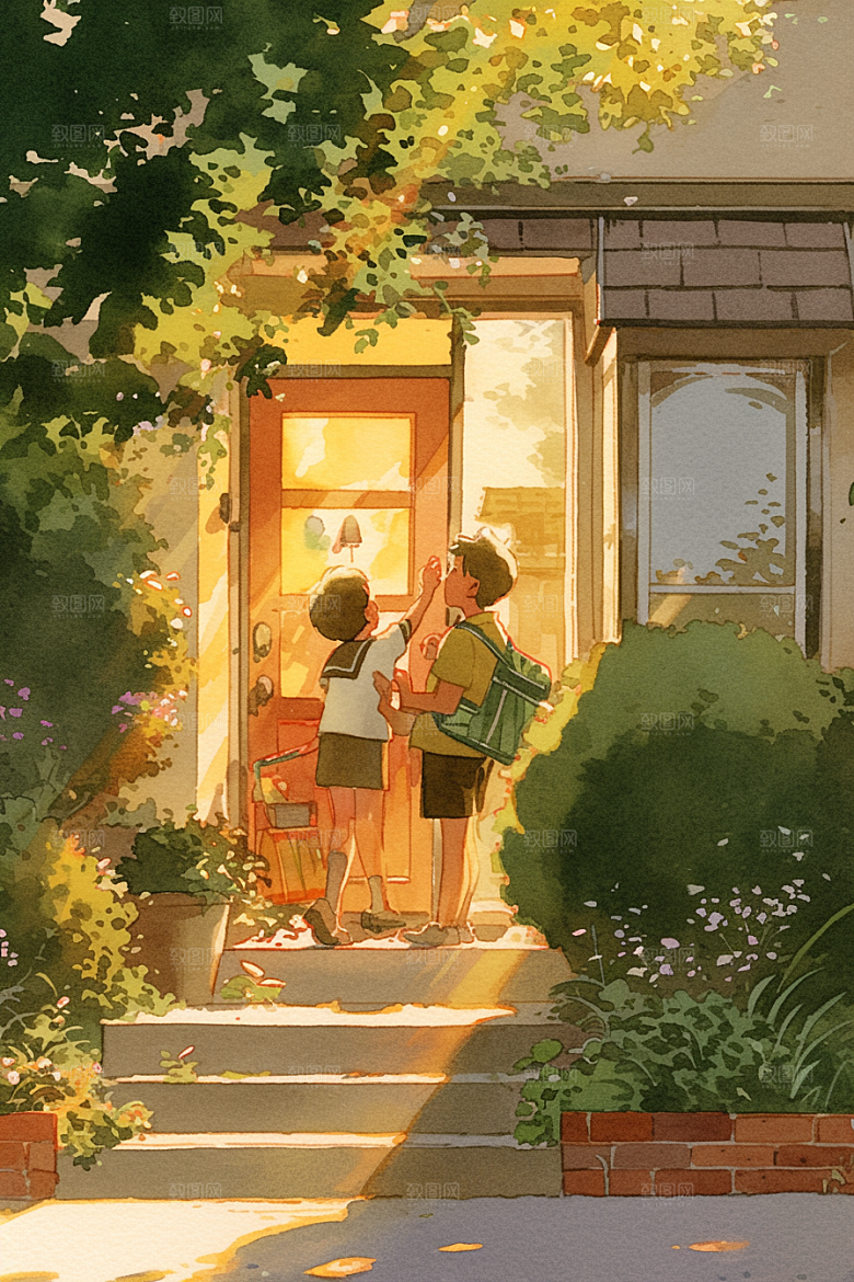 老人目送孩子离家暖色夕阳红插画