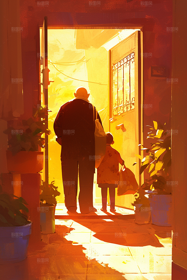 老人目送孩子离家远行温馨插画