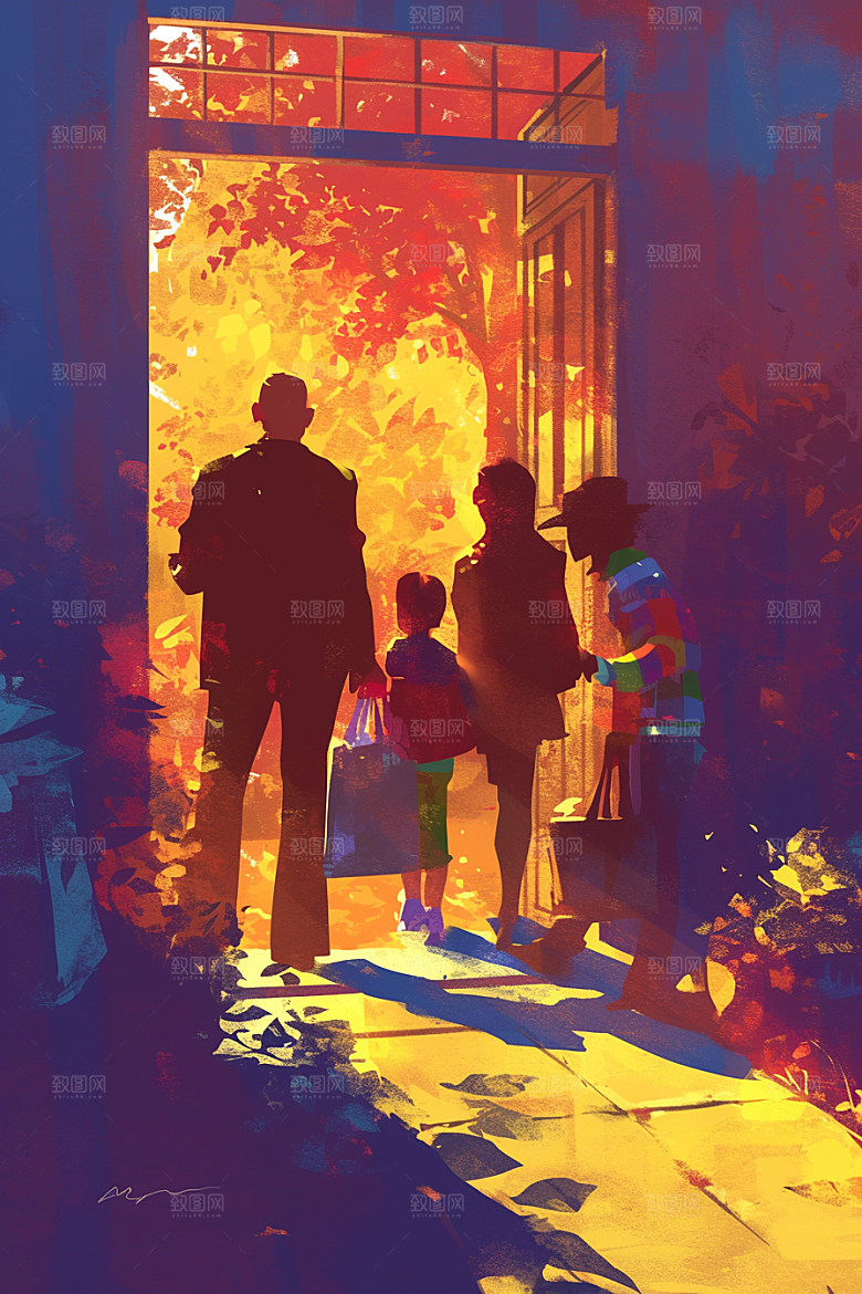 老人目送孩子离家留守老人温暖插画