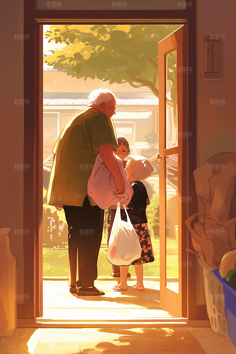老人目送孩子离家留守老人家庭插画
