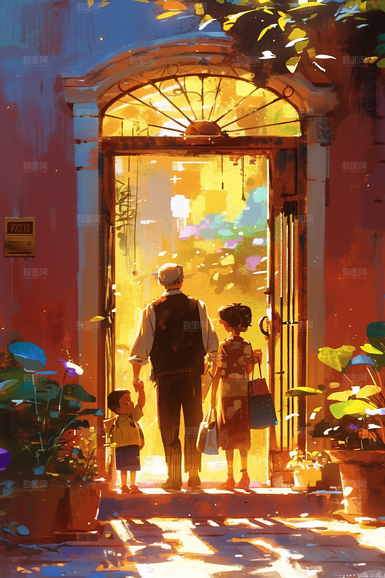 老人目送孩子离家夕阳红远行插画