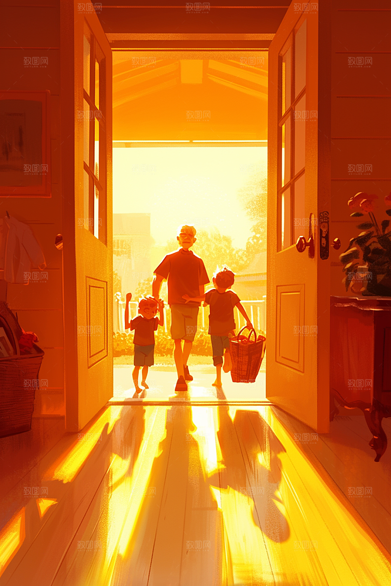 老人目送孩子离家夕阳红高清插画