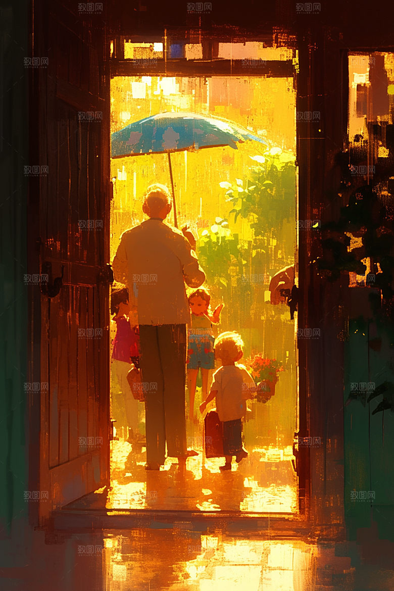 老人目送孩子离家温馨留守老人插画