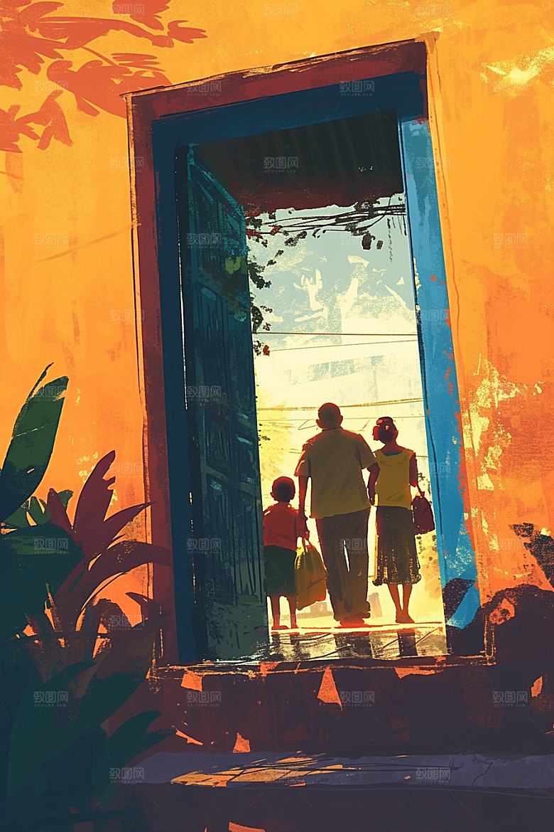 老人目送孩子离家远行背景插画
