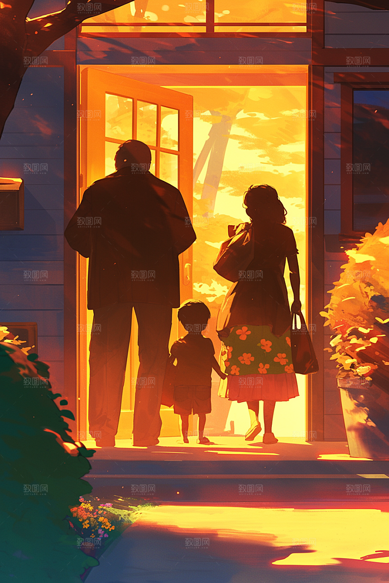 老人目送孩子离家夕阳红温暖插画