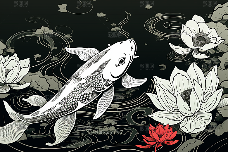 素描荷花池塘手绘锦鲤戏水插画