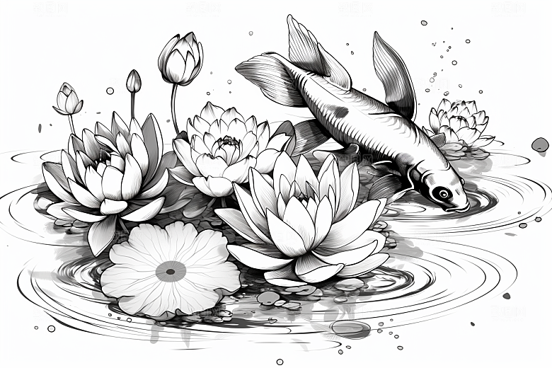 素描荷花池塘写实莲花插画