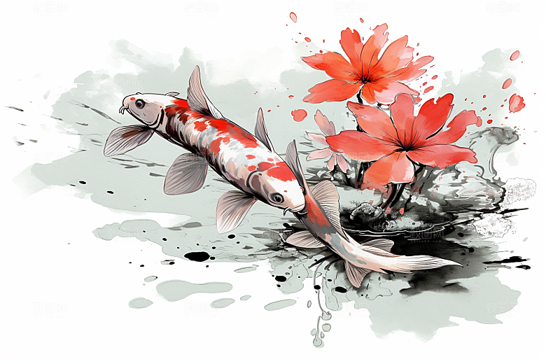 素描荷花池塘工笔画锦鲤戏水插画