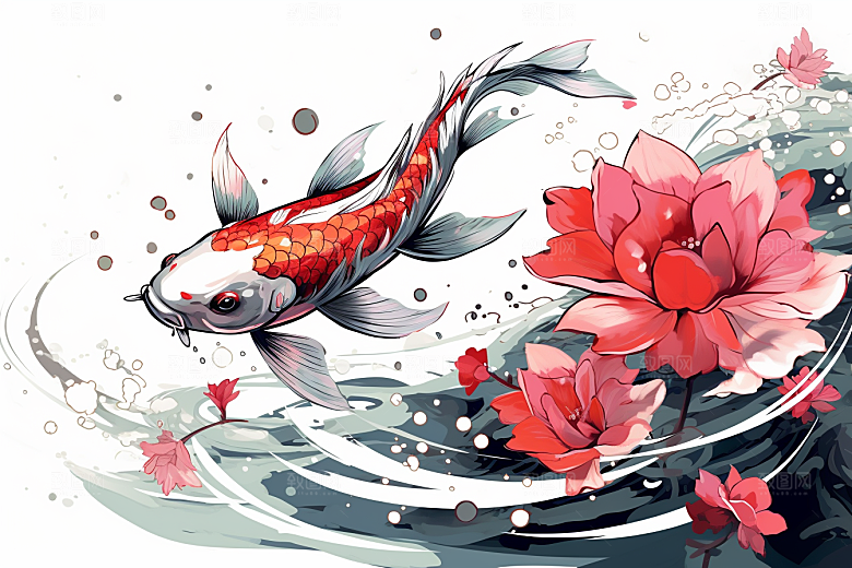 素描荷花池塘锦鲤戏水写实插画