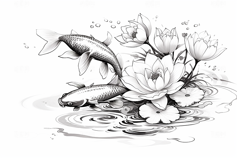 素描荷花池塘写生莲花插画