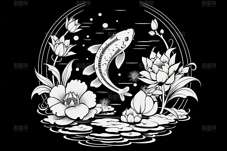 素描荷花池塘莲花写实插画