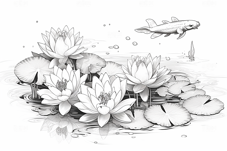 素描荷花池塘工笔画手绘插画