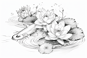 素描荷花池塘写实手绘插画