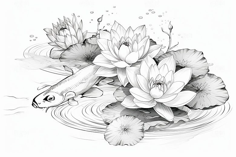 素描荷花池塘写实手绘插画