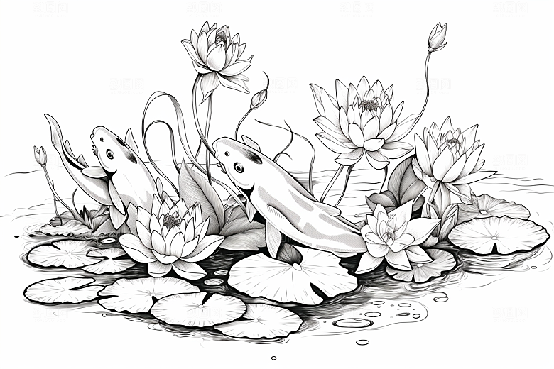 素描荷花池塘荷塘锦鲤戏水插画