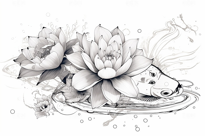 素描荷花池塘工笔画锦鲤戏水插画