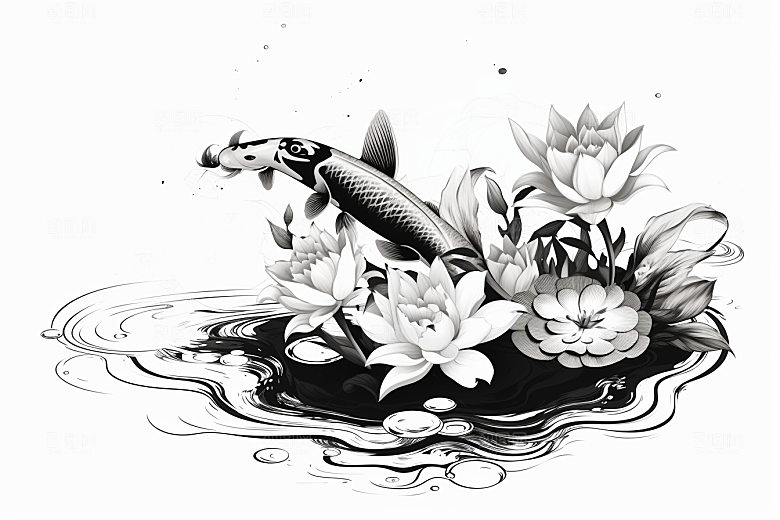 素描荷花池塘荷塘锦鲤戏水插画