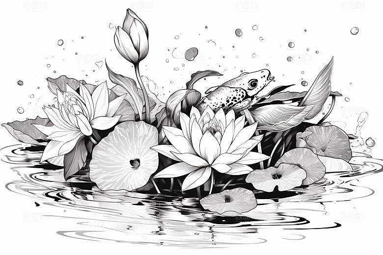 素描荷花池塘写生艺术插画