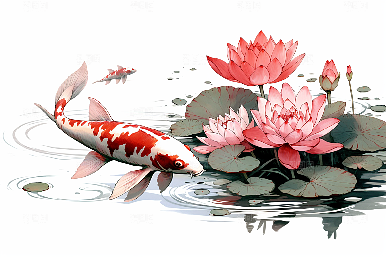 素描荷花池塘锦鲤戏水工笔画插画