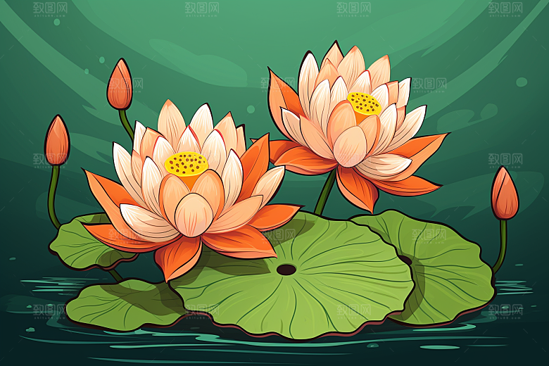 素描荷花池塘写生锦鲤戏水插画