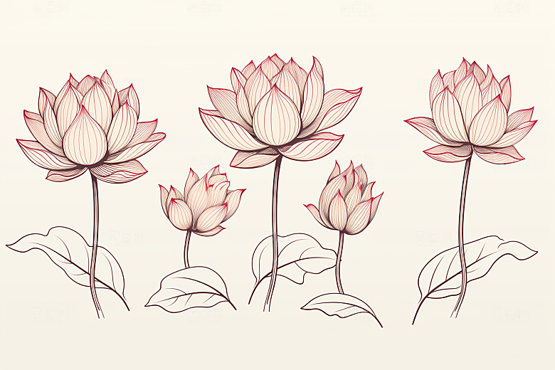 素描荷花池塘莲花锦鲤戏水插画