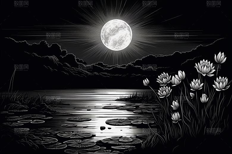 素描荷花池塘锦鲤戏水工笔画插画