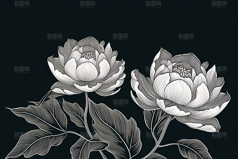 素描荷花池塘写实艺术插画