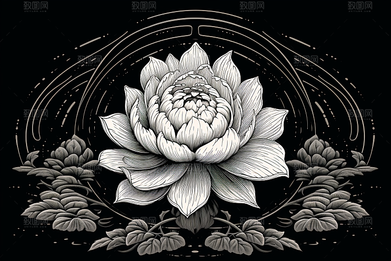 素描荷花池塘锦鲤戏水莲花插画