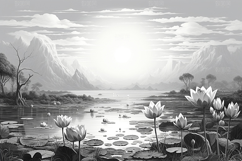 素描荷花池塘艺术手绘插画