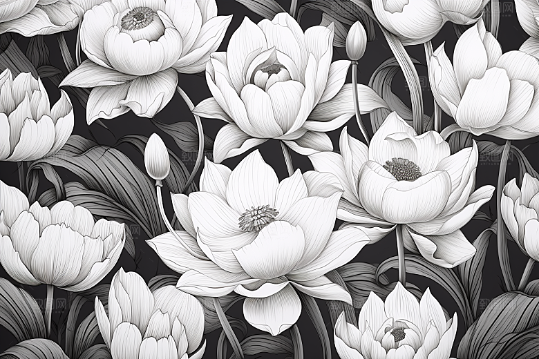素描荷花池塘写实莲花插画