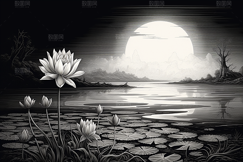 素描荷花池塘莲花荷塘插画