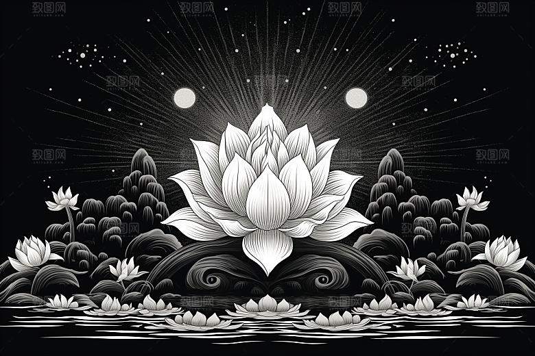 素描荷花池塘莲花锦鲤戏水插画
