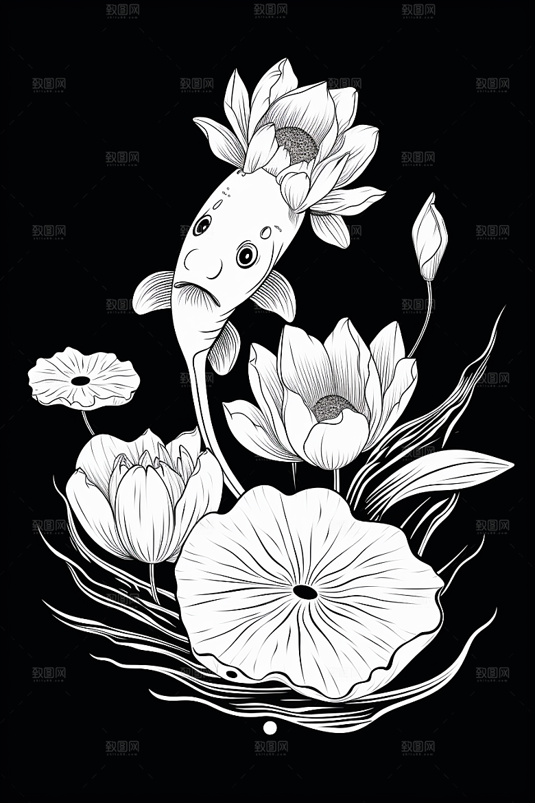 素描荷花池塘工笔画莲花插画