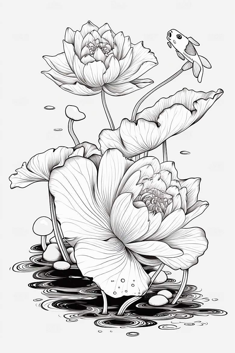 素描荷花池塘写实写生插画