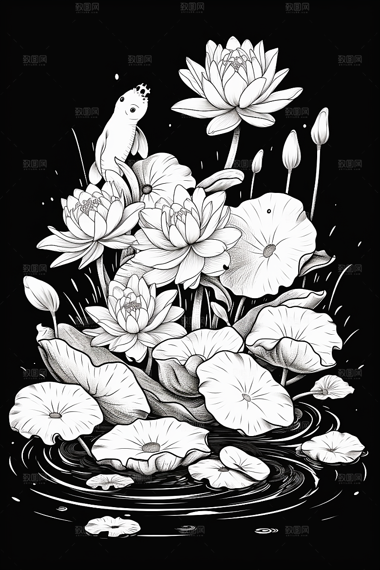 素描荷花池塘写生莲花插画