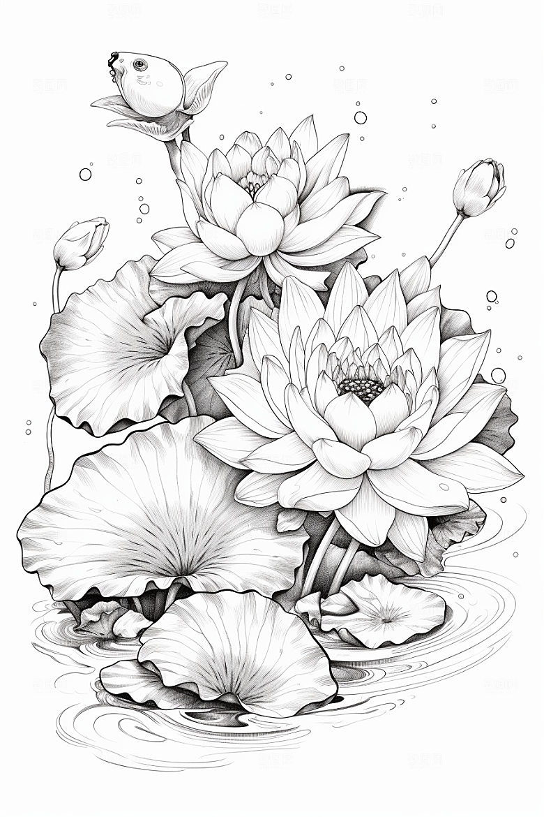 素描荷花池塘手绘锦鲤戏水插画