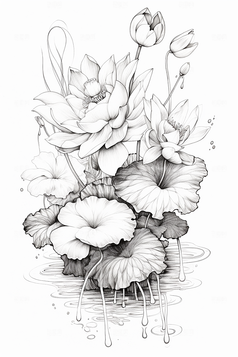 素描荷花池塘锦鲤戏水手绘插画