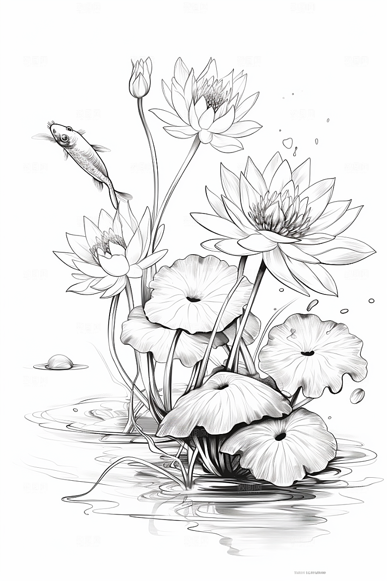 素描荷花池塘手绘写生插画