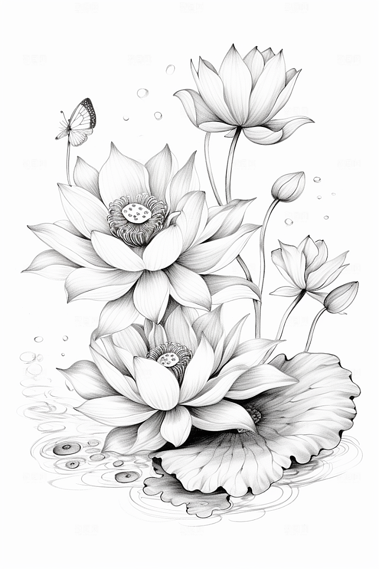 素描荷花池塘手绘荷塘插画