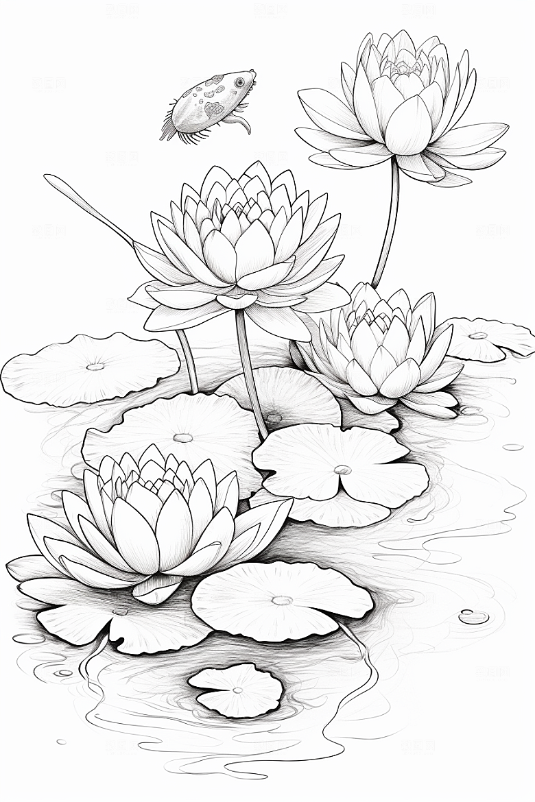 素描荷花池塘荷塘写生插画